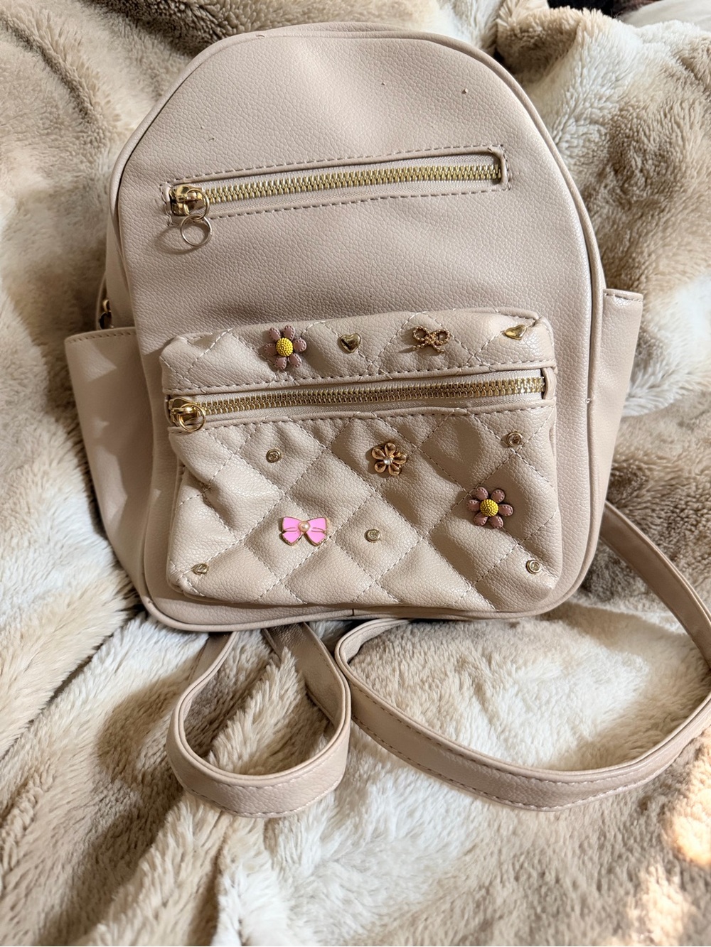 Under One Sky Beige Quilted Mini Backpack with Floral Charms